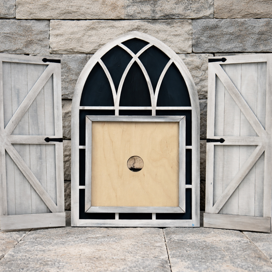 Interchangeable Arched Window with Shutters – Unfinished DIY
